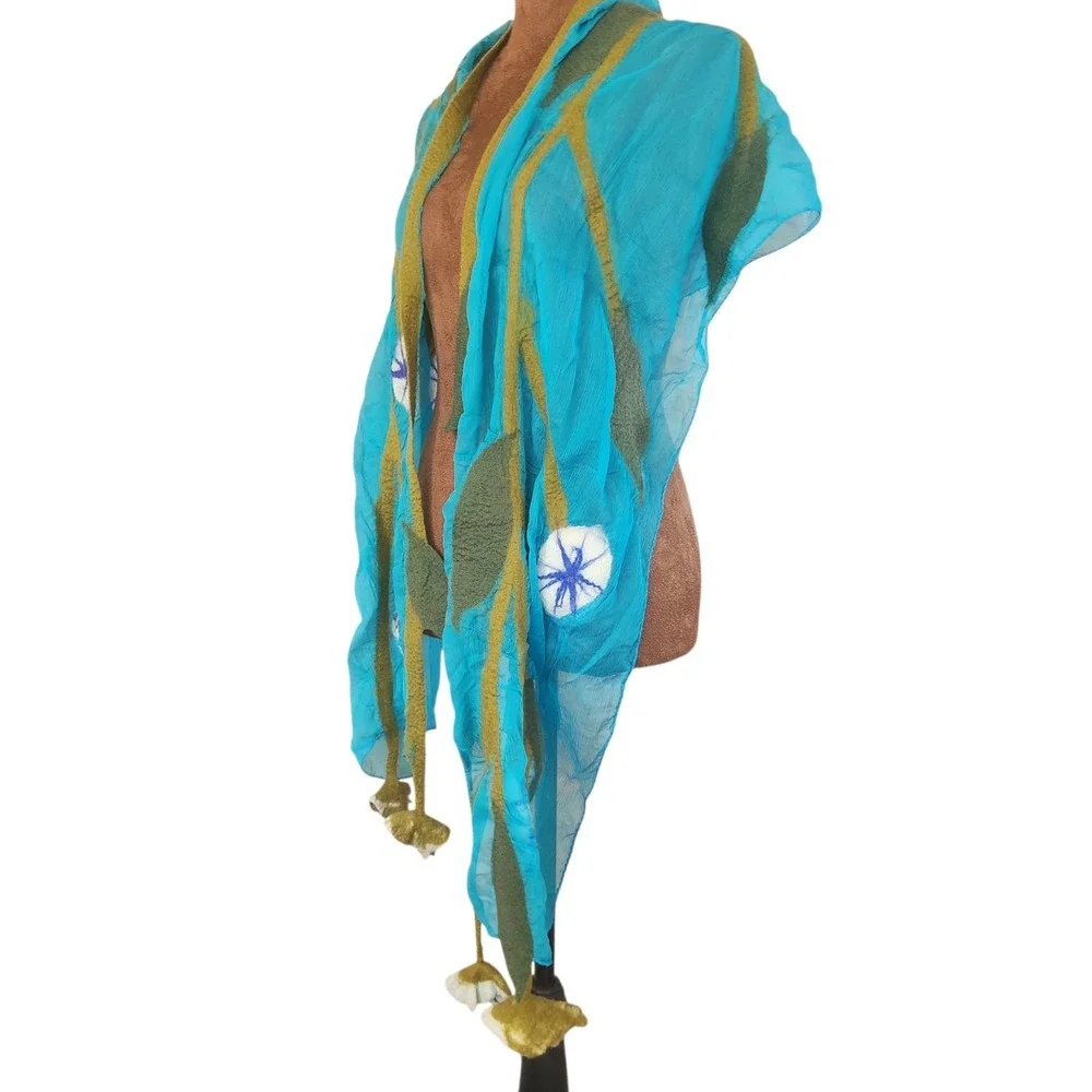 Felted Wool Long Scarf Chiffon Vine Floral BNB Made In‎ Nepal Blue Green